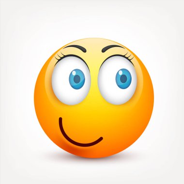 Gülen mavi gözlü, ifade kümesi. Sarı yüz duygularla. Yüz ifadesi. 3D gerçekçi emoji. Üzgün, mutlu, kızgın yüzler. Komik çizgi film karakteri. Mood.Vector illüstrasyon.