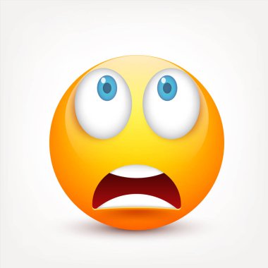 Gülen mavi gözlü, ifade kümesi. Sarı yüz duygularla. Yüz ifadesi. 3D gerçekçi emoji. Üzgün, mutlu, kızgın yüzler. Komik çizgi film karakteri. Mood.Vector illüstrasyon.