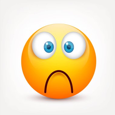 Gülen mavi gözlü, ifade kümesi. Sarı yüz duygularla. Yüz ifadesi. 3D gerçekçi emoji. Üzgün, mutlu, kızgın yüzler. Komik çizgi film karakteri. Mood.Vector illüstrasyon.