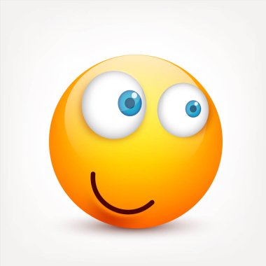 Gülen mavi gözlü, ifade kümesi. Sarı yüz duygularla. Yüz ifadesi. 3D gerçekçi emoji. Üzgün, mutlu, kızgın yüzler. Komik çizgi film karakteri. Mood.Vector illüstrasyon.