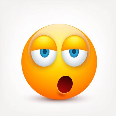 Gülen mavi gözlü, ifade kümesi. Sarı yüz duygularla. Yüz ifadesi. 3D gerçekçi emoji. Üzgün, mutlu, kızgın yüzler. Komik çizgi film karakteri. Mood.Vector illüstrasyon.
