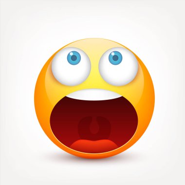 Gülen mavi gözlü, ifade kümesi. Sarı yüz duygularla. Yüz ifadesi. 3D gerçekçi emoji. Üzgün, mutlu, kızgın yüzler. Komik çizgi film karakteri. Mood.Vector illüstrasyon.