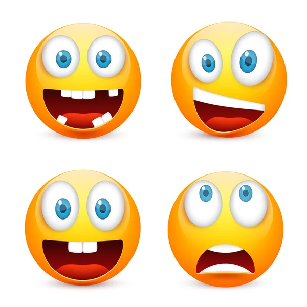 Gezichtje met blauwe ogen, emoticon set. Geel gezicht met emoties. Gelaatsuitdrukking. 3D-realistische emoji. Boos, verdrietig, gelukkig gezichten. Grappige cartoon karakter. Mood.Vector afbeelding. — Stockvector