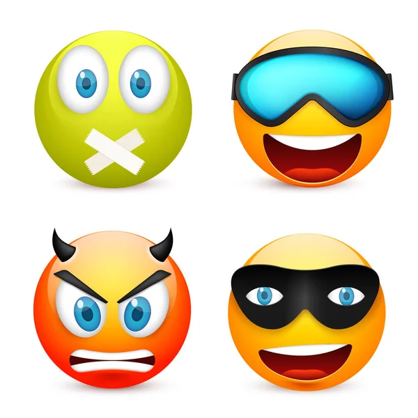 Gülen mavi gözlü, ifade kümesi. Sarı yüz duygularla. Yüz ifadesi. 3D gerçekçi emoji. Üzgün, mutlu, kızgın yüzler. Komik çizgi film karakteri. Mood.Vector illüstrasyon.