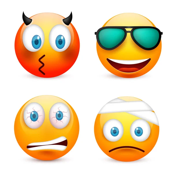 Gülen mavi gözlü, ifade kümesi. Sarı yüz duygularla. Yüz ifadesi. 3D gerçekçi emoji. Üzgün, mutlu, kızgın yüzler. Komik çizgi film karakteri. Mood.Vector illüstrasyon.