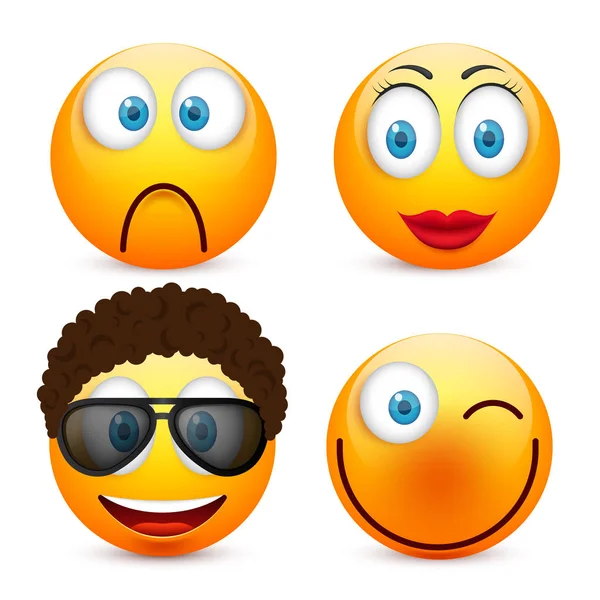 Gülen mavi gözlü, ifade kümesi. Sarı yüz duygularla. Yüz ifadesi. 3D gerçekçi emoji. Üzgün, mutlu, kızgın yüzler. Komik çizgi film karakteri. Mood.Vector illüstrasyon.