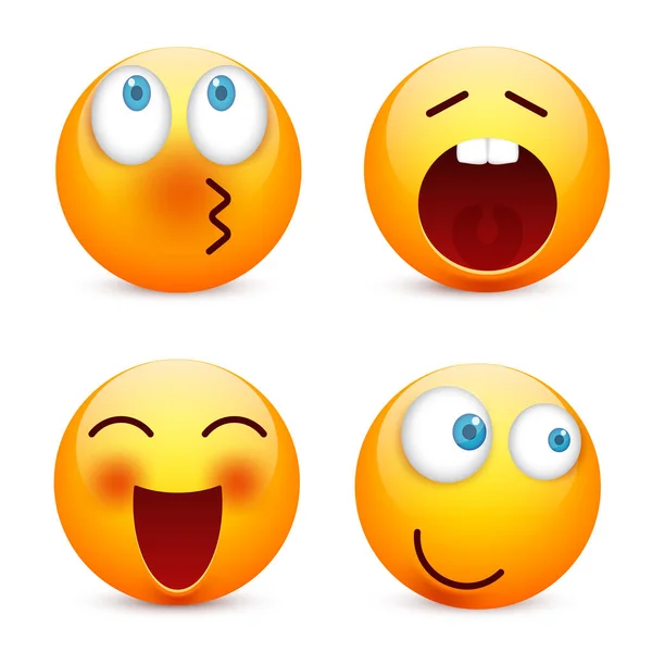 Gezichtje met blauwe ogen, emoticon set. Geel gezicht met emoties. Gelaatsuitdrukking. 3D-realistische emoji. Boos, verdrietig, gelukkig gezichten. Grappige cartoon karakter. Mood.Vector afbeelding. — Stockvector