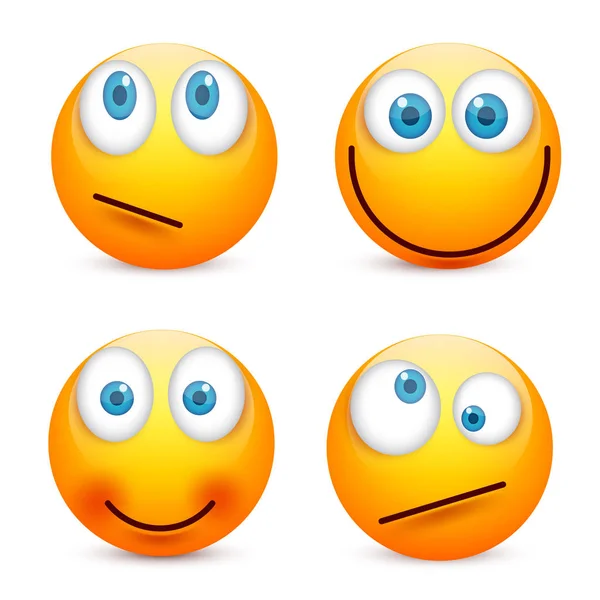 Senyum dengan mata biru, emoticon set. Wajah kuning dengan emosi. Ekspresi wajah. Emoji realistis 3d. Wajah sedih, bahagia, marah. Kartun lucu bercirikan ilustrasi Mood.Vector . - Stok Vektor