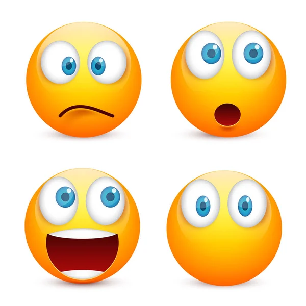 Smiley med blå ögon, uttryckssymbol set. Gula ansikte med känslor. Ansiktsuttryck. 3D realistiska emoji. Ledsen, glad, arga ansikten. Rolig tecknad karaktär. Mood.Vector illustration. — Stock vektor