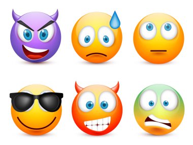 Gülen mavi gözlü, ifade kümesi. Sarı yüz duygularla. Yüz ifadesi. 3D gerçekçi emoji. Üzgün, mutlu, kızgın yüzler. Komik çizgi film karakteri. Mood.Vector illüstrasyon.