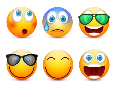 Gülen mavi gözlü, ifade kümesi. Sarı yüz duygularla. Yüz ifadesi. 3D gerçekçi emoji. Üzgün, mutlu, kızgın yüzler. Komik çizgi film karakteri. Mood.Vector illüstrasyon.