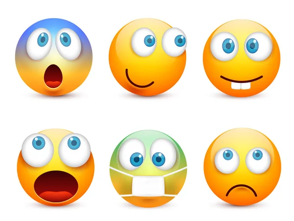 Sorriso com olhos azuis, conjunto de emoticons. Cara amarela com emoções. Expressão facial. 3d emoji realista. Caras tristes, felizes, irritadas.Caráter engraçado dos desenhos animados.Humor ilustração vetorial . —  Vetores de Stock