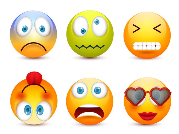 Senyum dengan mata biru, emoticon set. Wajah kuning dengan emosi. Ekspresi wajah. Emoji realistis 3d. Wajah sedih, bahagia, marah. Kartun lucu bercirikan ilustrasi Mood.Vector . - Stok Vektor