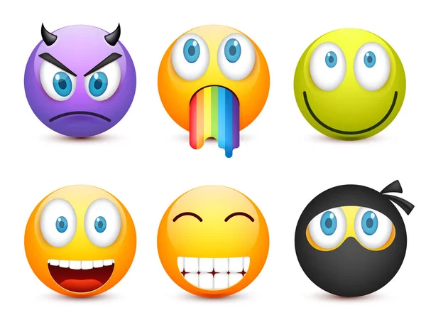 Smiley mit blauen Augen, Emoticon-Set. Gelbes Gesicht mit Emotionen. Gesichtsausdruck. 3D realistische Emojis. traurig, glücklich, wütend faces.funny cartoon character.mood.vector illustration. — Stockvektor