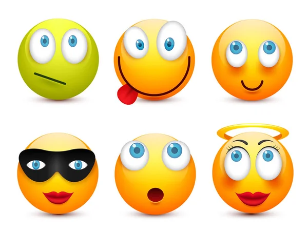 Smiley with blue eyes,emoticon set. Yellow face with emotions. Facial expression. 3d realistic emoji. Sad,happy,angry faces.Funny cartoon character.Mood.Vector illustration. — Stock Vector