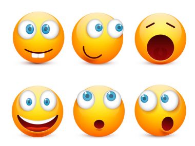 Gülen mavi gözlü, ifade kümesi. Sarı yüz duygularla. Yüz ifadesi. 3D gerçekçi emoji. Üzgün, mutlu, kızgın yüzler. Komik çizgi film karakteri. Mood.Vector illüstrasyon.