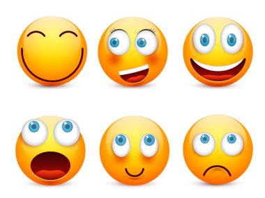 Gülen mavi gözlü, ifade kümesi. Sarı yüz duygularla. Yüz ifadesi. 3D gerçekçi emoji. Üzgün, mutlu, kızgın yüzler. Komik çizgi film karakteri. Mood.Vector illüstrasyon.