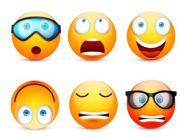 Gülen mavi gözlü, ifade kümesi. Sarı yüz duygularla. Yüz ifadesi. 3D gerçekçi emoji. Üzgün, mutlu, kızgın yüzler. Komik çizgi film karakteri. Mood.Vector illüstrasyon.