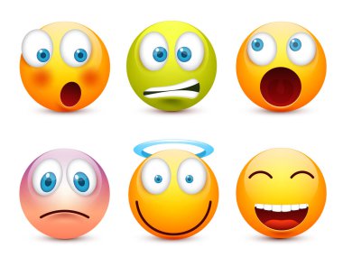 Gülen mavi gözlü, ifade kümesi. Sarı yüz duygularla. Yüz ifadesi. 3D gerçekçi emoji. Üzgün, mutlu, kızgın yüzler. Komik çizgi film karakteri. Mood.Vector illüstrasyon.