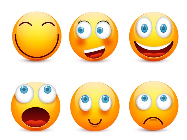 Sorriso com olhos azuis, conjunto de emoticons. Cara amarela com emoções. Expressão facial. 3d emoji realista. Caras tristes, felizes, irritadas.Caráter engraçado dos desenhos animados.Humor ilustração vetorial . — Vetor de Stock