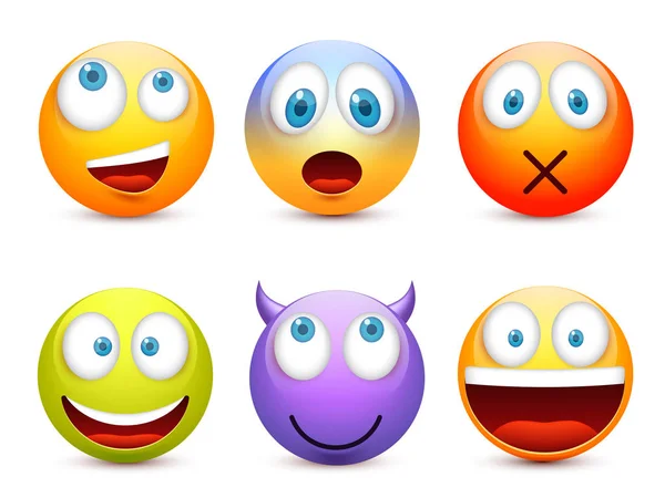 Smiley med blå ögon, uttryckssymbol set. Gula ansikte med känslor. Ansiktsuttryck. 3D realistiska emoji. Ledsen, glad, arga ansikten. Rolig tecknad karaktär. Mood.Vector illustration. — Stock vektor