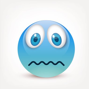 Mavi gözlü, gülen surat. Mavi yüz duygularla. Yüz ifadesi. 3D gerçekçi emoji. Üzgün, mutlu, kızgın yüzler. Komik çizgi film karakteri. Mood.Vector illüstrasyon.