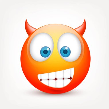 Mavi gözlü, gülen surat. Sarı yüz duygularla. Yüz ifadesi. 3D gerçekçi emoji. Üzgün, mutlu, kızgın yüzler. Komik çizgi film karakteri. Mood.Vector illüstrasyon.