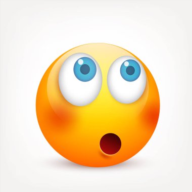 Mavi gözlü, gülen surat. Sarı yüz duygularla. Yüz ifadesi. 3D gerçekçi emoji. Üzgün, mutlu, kızgın yüzler. Komik çizgi film karakteri. Mood.Vector illüstrasyon.