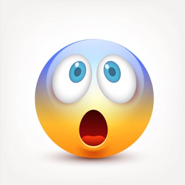 Mavi gözlü, gülen surat. Sarı yüz duygularla. Yüz ifadesi. 3D gerçekçi emoji. Üzgün, mutlu, kızgın yüzler. Komik çizgi film karakteri. Mood.Vector illüstrasyon.