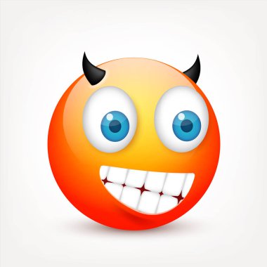 Mavi gözlü, gülen surat. Sarı yüz duygularla. Yüz ifadesi. 3D gerçekçi emoji. Üzgün, mutlu, kızgın yüzler. Komik çizgi film karakteri. Mood.Vector illüstrasyon.