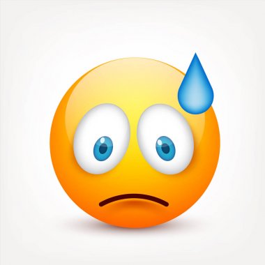 Mavi gözlü, gülen surat. Sarı yüz duygularla. Yüz ifadesi. 3D gerçekçi emoji. Üzgün, mutlu, kızgın yüzler. Komik çizgi film karakteri. Mood.Vector illüstrasyon.