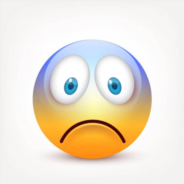 Mavi gözlü, gülen surat. Sarı yüz duygularla. Yüz ifadesi. 3D gerçekçi emoji. Üzgün, mutlu, kızgın yüzler. Komik çizgi film karakteri. Mood.Vector illüstrasyon.