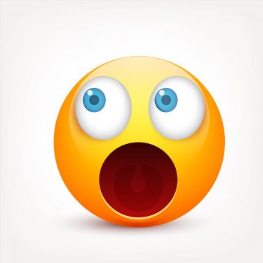 Mavi gözlü, gülen surat. Sarı yüz duygularla. Yüz ifadesi. 3D gerçekçi emoji. Üzgün, mutlu, kızgın yüzler. Komik çizgi film karakteri. Mood.Vector illüstrasyon.