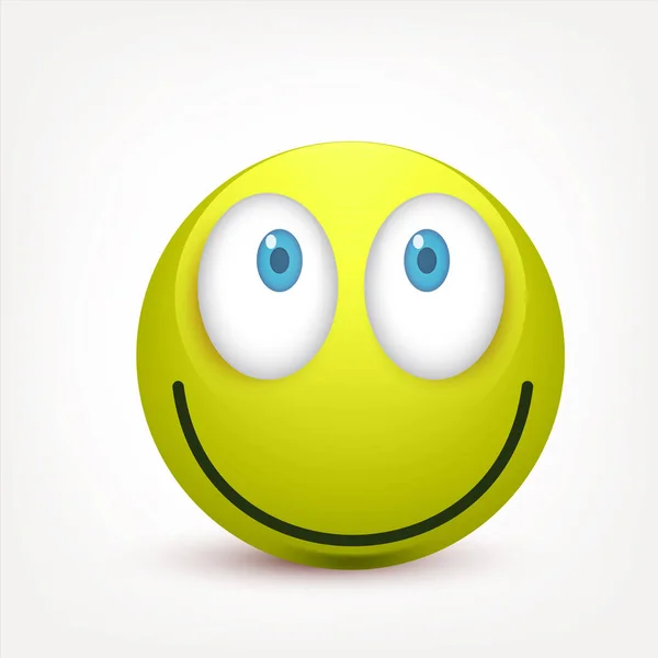 Sorridente com olhos azuis, emoticon. Greenface com emoções. Expressão facial. 3d emoji realista. Caras tristes, felizes, irritadas.Caráter engraçado dos desenhos animados.Humor ilustração vetorial . —  Vetores de Stock