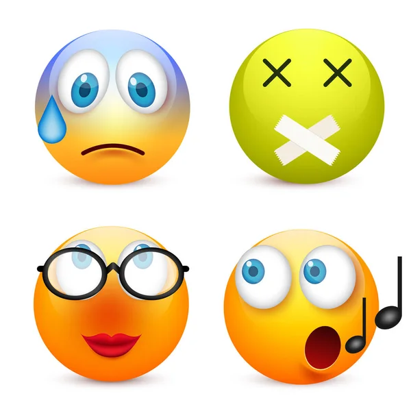 Senyum dengan mata biru, emoticon set. Wajah kuning dengan emosi. Ekspresi wajah. Emoji realistis 3d. Wajah sedih, bahagia, marah. Kartun lucu bercirikan ilustrasi Mood.Vector . - Stok Vektor