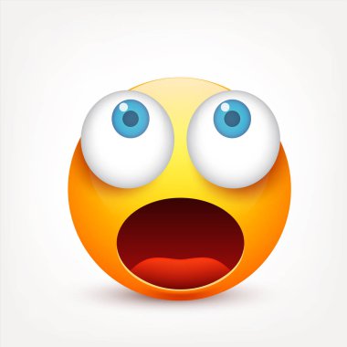 Mavi gözlü, gülen surat. Sarı yüz duygularla. Yüz ifadesi. 3D gerçekçi emoji. Üzgün, mutlu, kızgın yüzler. Komik çizgi film karakteri. Mood.Vector illüstrasyon.