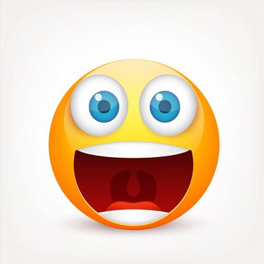 Mavi gözlü, gülen surat. Sarı yüz duygularla. Yüz ifadesi. 3D gerçekçi emoji. Üzgün, mutlu, kızgın yüzler. Komik çizgi film karakteri. Mood.Vector illüstrasyon.