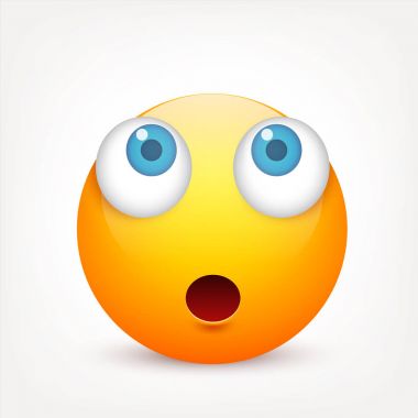 Mavi gözlü, gülen surat. Sarı yüz duygularla. Yüz ifadesi. 3D gerçekçi emoji. Üzgün, mutlu, kızgın yüzler. Komik çizgi film karakteri. Mood.Vector illüstrasyon.