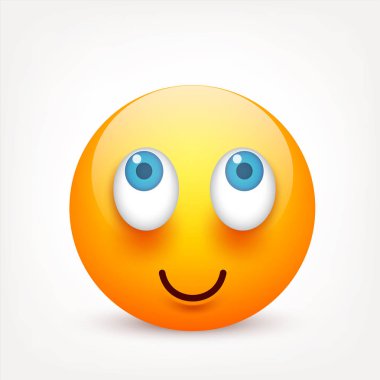 Mavi gözlü, gülen surat. Sarı yüz duygularla. Yüz ifadesi. 3D gerçekçi emoji. Üzgün, mutlu, kızgın yüzler. Komik çizgi film karakteri. Mood.Vector illüstrasyon.