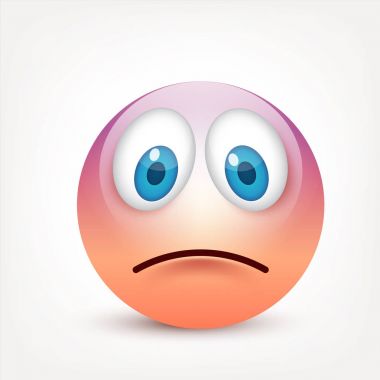 Mavi gözlü, gülen surat. Sarı yüz duygularla. Yüz ifadesi. 3D gerçekçi emoji. Üzgün, mutlu, kızgın yüzler. Komik çizgi film karakteri. Mood.Vector illüstrasyon.