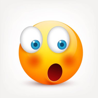 Mavi gözlü, gülen surat. Sarı yüz duygularla. Yüz ifadesi. 3D gerçekçi emoji. Üzgün, mutlu, kızgın yüzler. Komik çizgi film karakteri. Mood.Vector illüstrasyon.