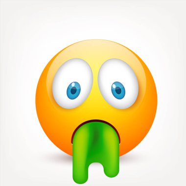 Mavi gözlü, gülen surat. Sarı yüz duygularla. Yüz ifadesi. 3D gerçekçi emoji. Üzgün, mutlu, kızgın yüzler. Komik çizgi film karakteri. Mood.Vector illüstrasyon.