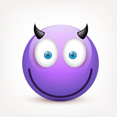 Mavi gözlü, gülen surat. Duygu ile Violetface. Yüz ifadesi. 3D gerçekçi emoji. Üzgün, mutlu, kızgın yüzler. Komik çizgi film karakteri. Mood.Vector illüstrasyon.