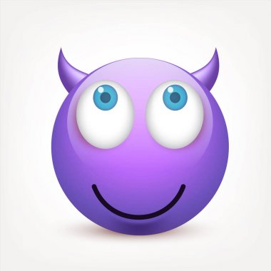 Mavi gözlü, gülen surat. Duygu ile Violetface. Yüz ifadesi. 3D gerçekçi emoji. Üzgün, mutlu, kızgın yüzler. Komik çizgi film karakteri. Mood.Vector illüstrasyon.