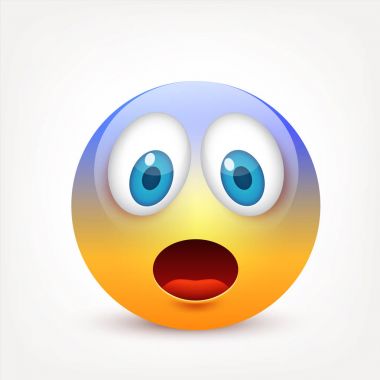 Mavi gözlü, gülen surat. Sarı yüz duygularla. Yüz ifadesi. 3D gerçekçi emoji. Üzgün, mutlu, kızgın yüzler. Komik çizgi film karakteri. Mood.Vector illüstrasyon.
