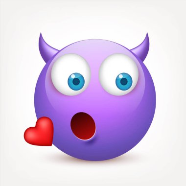 Mavi gözlü, gülen surat. Duygu ile Violetface. Yüz ifadesi. 3D gerçekçi emoji. Üzgün, mutlu, kızgın yüzler. Komik çizgi film karakteri. Mood.Vector illüstrasyon.