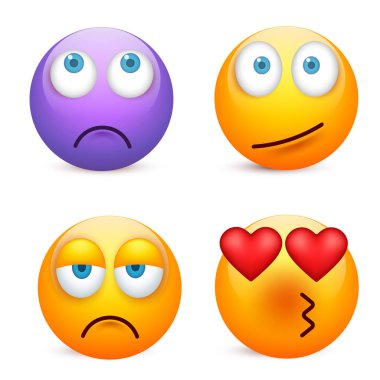 Gülen mavi gözlü, ifade kümesi. Sarı yüz duygularla. Yüz ifadesi. 3D gerçekçi emoji. Üzgün, mutlu, kızgın yüzler. Komik çizgi film karakteri. Mood.Vector illüstrasyon.