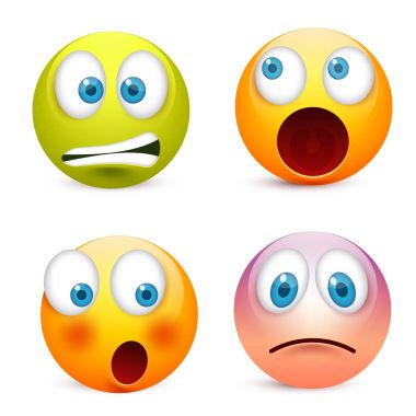 Gülen mavi gözlü, ifade kümesi. Sarı yüz duygularla. Yüz ifadesi. 3D gerçekçi emoji. Üzgün, mutlu, kızgın yüzler. Komik çizgi film karakteri. Mood.Vector illüstrasyon.