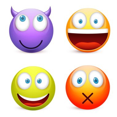 Gülen mavi gözlü, ifade kümesi. Sarı yüz duygularla. Yüz ifadesi. 3D gerçekçi emoji. Üzgün, mutlu, kızgın yüzler. Komik çizgi film karakteri. Mood.Vector illüstrasyon.