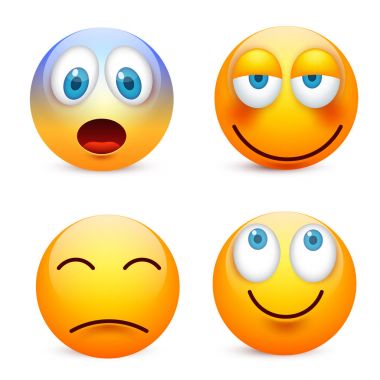 Gülen mavi gözlü, ifade kümesi. Sarı yüz duygularla. Yüz ifadesi. 3D gerçekçi emoji. Üzgün, mutlu, kızgın yüzler. Komik çizgi film karakteri. Mood.Vector illüstrasyon.